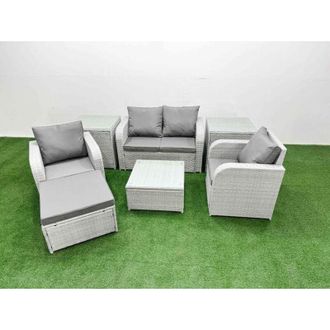 Fimous Light Grey pe Wicker Rattan Garden Furniture Set Sofa Set Reclining Adjustable Chair Square Coffee Table 5 Seater With Footstool 2 Side Table - Fimous