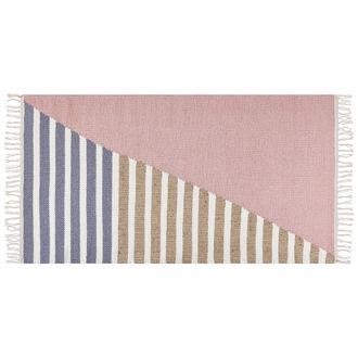 Beliani Alfombra De Lana Rosa Blanco Beige Azul 80 X 150 Cm Yute A Mano Borlas Engiz
