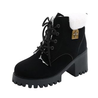 Generic Womens Winter Boots Chunky Block Heel Lace Up Booties Stylish Fleece Lined Non-Slip Thick Sole Non-Slip Warm Ankle Boots Office Outdoor