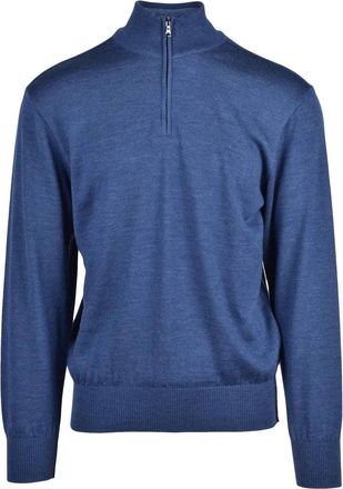 Paul & Shark Blue Wool-Blend Mock Neck Zip Sweater