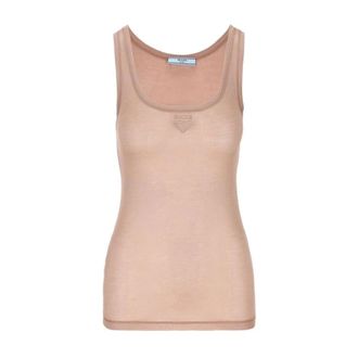 Prada Sleeveless Tops, female, Beige, Size: M Sleeveless Logo Top
