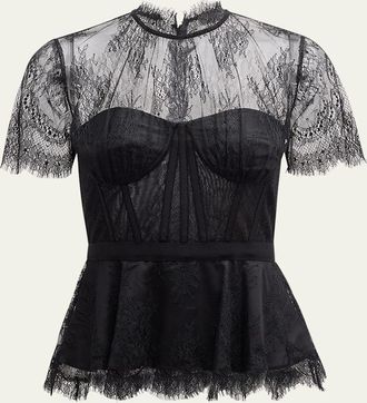 SIMKHAI Kehlani Sheer Lace Short-Sleeve Peplum Bustier Top