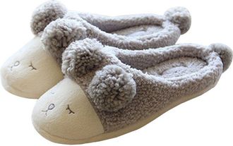 Candora Winter Soft Fuzzy Slippers Faux Fur Slip On Novelty Sheep Face Womens Mule Slippers Indoor Skidproof Cotton Slipper with Tail (M UK 5-6) Gray