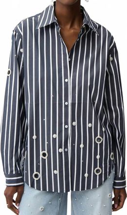 Joseph Ribkoff Stretch Cotton Stripe Print Boxy Blouse With Rhinestones In Midnight Blue/vanilla
