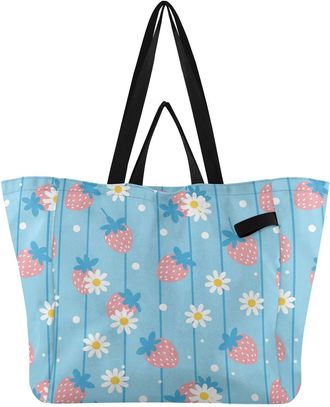 Generic Strawberries Flowers Blue pattern Reusable Canvas Tote Bag, Heavy Duty Grocery Shopping Bag with Double Handles Hard Bottom Large Capacity Work Grocer