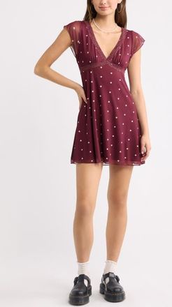 BP. Lace Trim Flutter Sleeve Minidress in Burgundy- Ivory Eden Dot at Nordstrom, Size Xx-Small