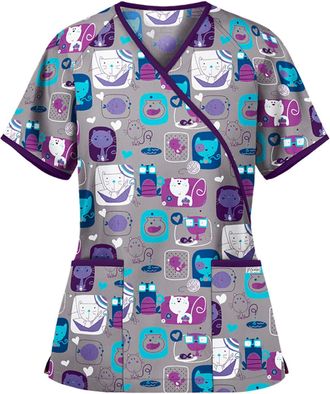 Generic Cute Scrubs Uniforms for Women Uniform Cat Grooming Cute Printed Nurses Uniform Lace up Nurses Scrubs Top Short Sleeve Beauty Tunics Tops Spa Salon Wo