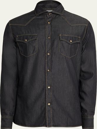 Brunello Cucinelli Mens Lightweight Denim Western Shirt