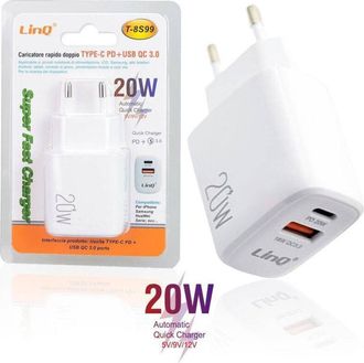 Trade Shop Trade Shop - Caricatore Rapido Doppio Type C Pd + Usb Qc 3.0 Super Fast Charger 20w T-8s99
