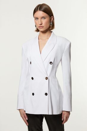 Karen Millen Womens Tailored Contrast Tipped Stitch Detail Double Breasted Jacket - White viscose - Size 10 UK