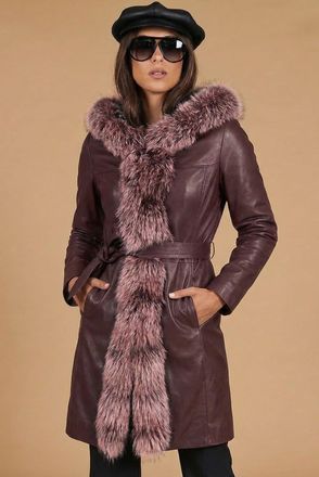 D'Arienzo Cappotto in pelle naturale bordeaux con cappuccio bordato pelliccia DArienzo, Seleziona Taglia S, Colore Vinaccio