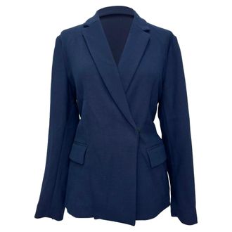 Msgm Double-Breasted Belted Blazer in Navy Blue Wool