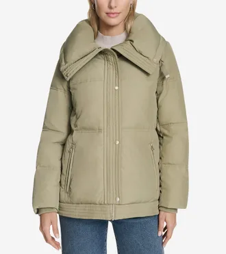 Cole Haan Womens Twill Nylon Down Jacket with Trapunto Stitch Details - Green Size Medium