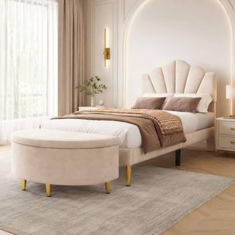 Merax 3ft Single Velvet Upholstered Bed with Shell Headboard & Storage Bench in Beige