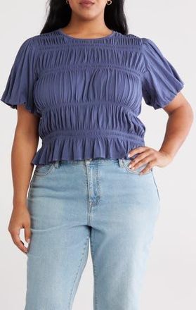 Treasure & Bond Shirred Puff Sleeve Cotton Top in Blue Indigo at Nordstrom Rack, Size 2X