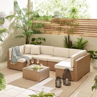 Furniturebox Orlando 6 Seat Modular Outdoor Garden Rattan Sofa in Light Beige
