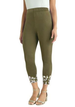 Jessica London Everyday Stretch Cotton Capri Legging in Green Floral Placement at Nordstrom, Size 24