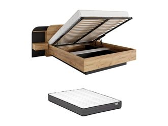 Vente-Unique Canapé abatible con mesas de noche 160 x 200 cm - Con LEDs - Color: natural y negro + Colchón - JUVISIA