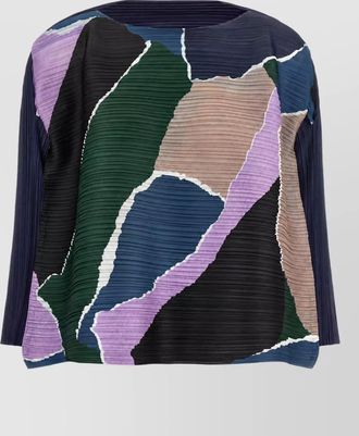 Pleats Please Issey Miyake pleated abstract-print boat neck 3/4-sleeve blouse