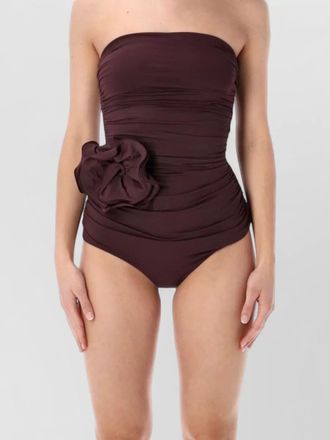 Magda Butrym strapless swimsuit draped silhouette flower detail
