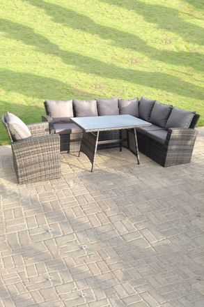 Fimous 7 Seater High Back Rattan Corner Sofa With Oblong Dining Table & Chair in Dark Grey