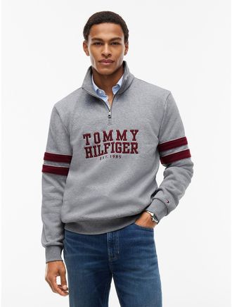 Tommy Hilfiger Mens Varsity Stripe Quarter-Zip Sweatshirt - Grey - XXXL