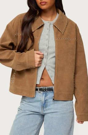 Edikted Memphis Studded Faux Suede Jacket in Tan at Nordstrom, Size X-Large