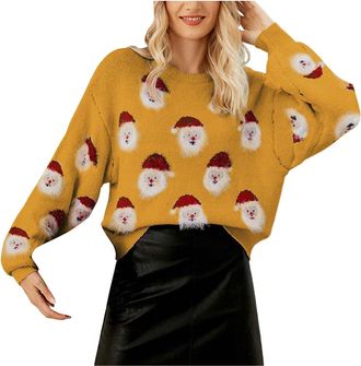 Generic Christmas Knit Sweater for Women UK Long Sleeve Crewneck Pullover Loose Warm Tops Ladies Santa Print Christmas Knitwear Sweatshirts for Girls and Wome