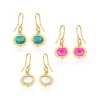 Ross-Simons Turquoise, 6x8mm Cultured Pearl and Pink Chalcedony Jewelry Set: 3 Pairs Of Drop Earrings in 18kt Gold Over Sterling