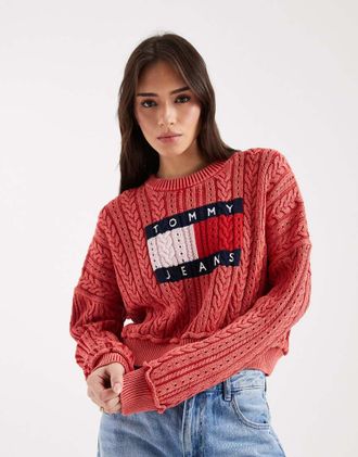 Tommy Jeans Maglione lavorato a trecce rosso con logo a bandiera