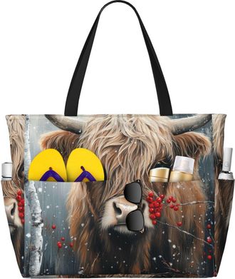 Generic Cute Highland Cow Print Large Beach Bag Foldable Travel Shoulder Tote Bag With Pocket For Weekender Pool Vacation
