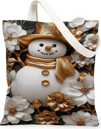 Generic Winter Snow Man Canvas Tote Bags, Floral Design Reusable Grocery Bags, Lightweight Washable Shoulder Strap Canvas for Travel Beach Picnic 13x15 Inch