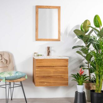 Wanda Collection Mueble De Ba&ntilde;o En Teca Y Terrazo Crema Aktual 60cm