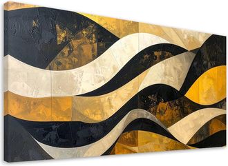 Feeby Cuadro Sobre Lienzo, Abstracci&oacute;n L&iacute;neas Formas Amarillo Negro Dorado, 120x60