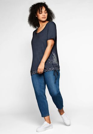 Sheego T-Shirt SHEEGO T-Shirt, Damen, Gr. 44/46, blau (marine), 60% Baumwolle, 40% Polyester, bedruckt, gemustert, mehrfarbig, Rundhals, Shirts T-Shirt