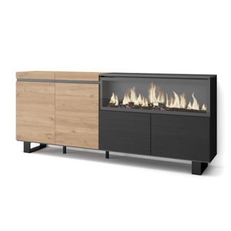 Skraut Home Aparador efecto madera roble y negro 208x35x87cm chimenea efecto fuego