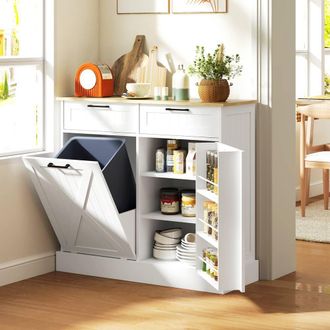 HOMCOM Sideboard with Trash Bin, Farmhouse Kitchen Sideboard with 2 Drawers in White