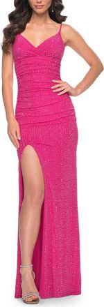 La Femme Neon Net Jersey Rhinestone Prom Dress with Corset Waist in Hot Pink at Nordstrom, Size 12