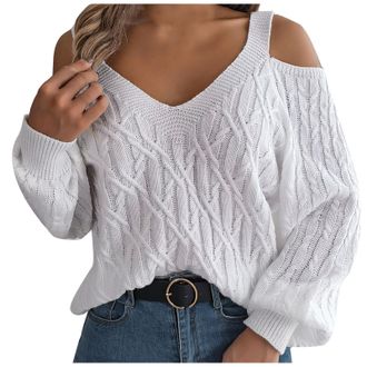Generic Womens Sweaters Cold Shoulder Lantern Long Sleeve Jumpers Casual V Neck Chunky Knit Pullover Loose Comfort Knitwear Fall Winter Versatile Warm Tunic T