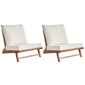 Beliani Conjunto De 2 Sillas Bajas De Madera De Acacia Con Cojines De Asiento Y Respaldo Muebles De Exterior Interior Jard&iacute;n Madera Clara Y Blanco Micciano
