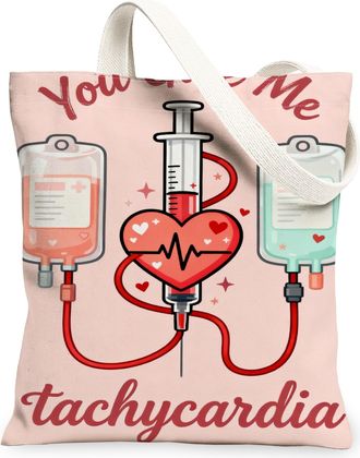 Generic Heartbeat Medical Canvas Tote Bags, Cute Syringe and Iv Design Reusable Grocery Bags, ValentineS Day Fun Lightweight Washa, Peach, 13x15 Inch