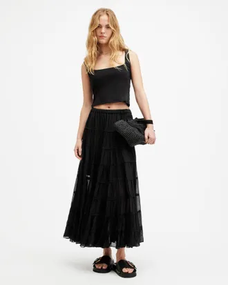 AllSaints Eva Elasticated Waist Tiered Maxi Skirt