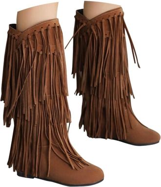 Generic Cowboy Boots for Women Fringed Tassel Cowboy Boots for Women Uk Winter Flat Suede Mid Calf Boot Chunky Heel Fringe Boot Womens Fringe Mid Wide Calf Co