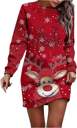 Generic Christmas Dresses for Women Oversized Christmas Dress Long Sleeve Jumper Crew Neck Xmas Graphic Print Sweatshirt Winter Casual Midi Dress Party Costum