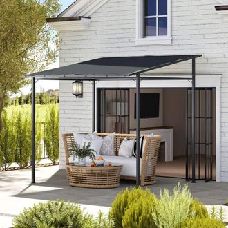 OUTSUNNY 2.4 x 2.4 m Wall Mounted Pergola Gazebo with PA Coating Fabric in Dark Grey