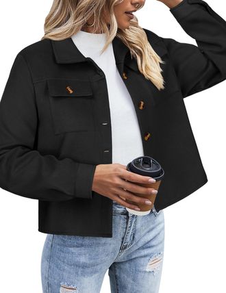 Zeagoo Womens Jackets Button Down Casual Lightweight Short Jackets Autumn Long Sleeve Cropped Jacket with Pockets Black L
