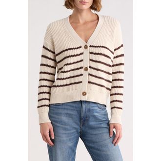 Elie Tahari Stripe V-Neck Cotton Cardigan in Cream/Cocoa Bean at Nordstrom Rack, Size X-Small