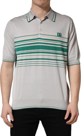 Dolce & Gabbana Gray Green Striped Logo Silk Polo Mens T-shirt