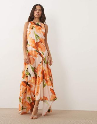Asos Vestito lungo senza maniche arancione a fiori con orlo a fazzoletto-Multicolore
