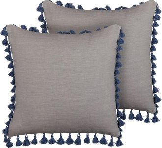 Beliani Conjunto De 2 Cojines De Lino Gris Azul 45 X 45 Cm Borlas Cremallera Carpinus